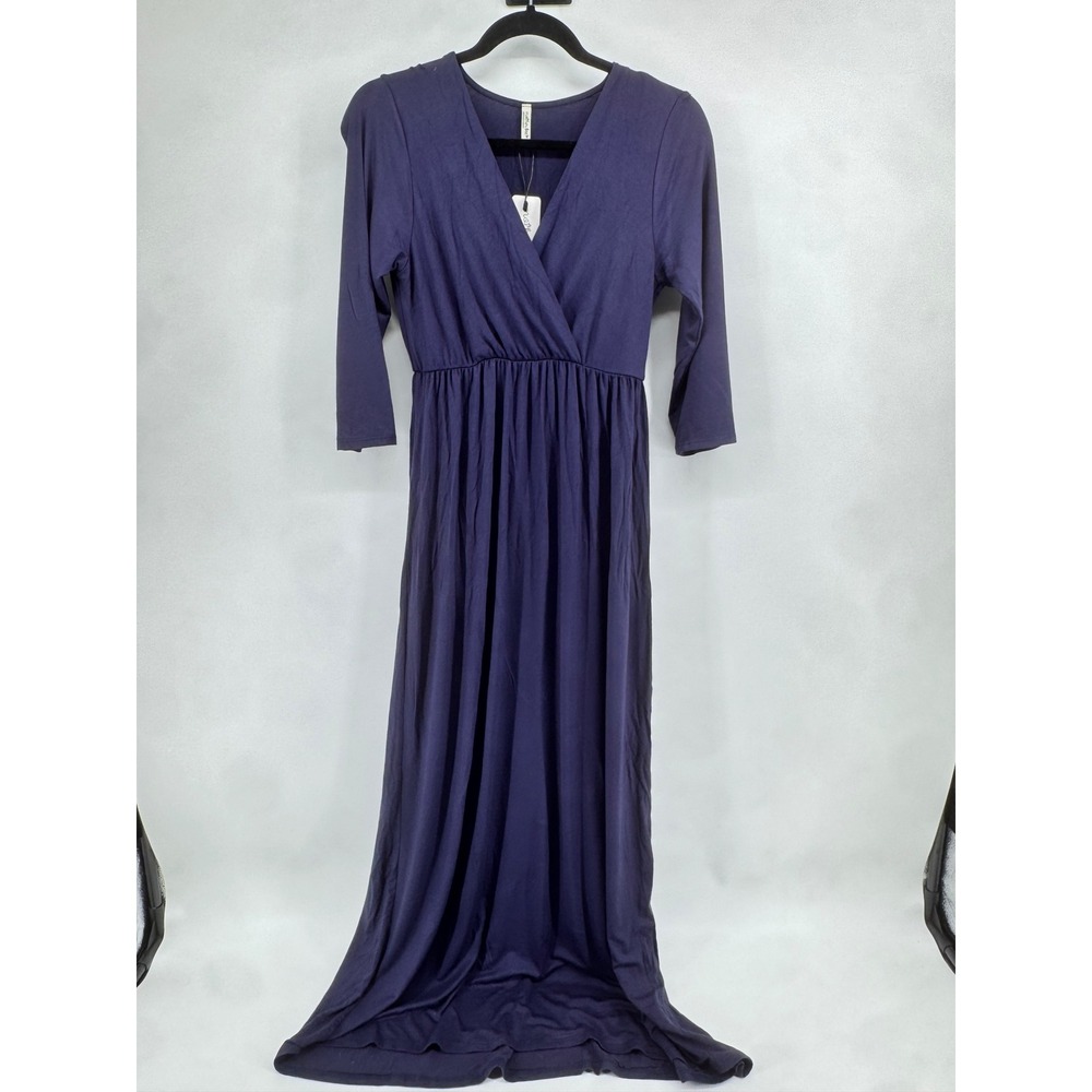 Mother Bee Maternity Navy Blue Faux Wrap 3/4 Sleeve Maxi Dress NWT